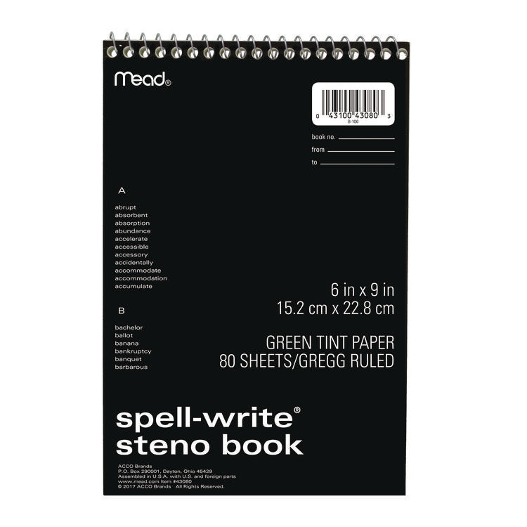 Spell-Write Wirebound Steno Pad, Gregg Rule, Randomly Assorted Cover Colors, 80 Green 6 x 9 Sheets
