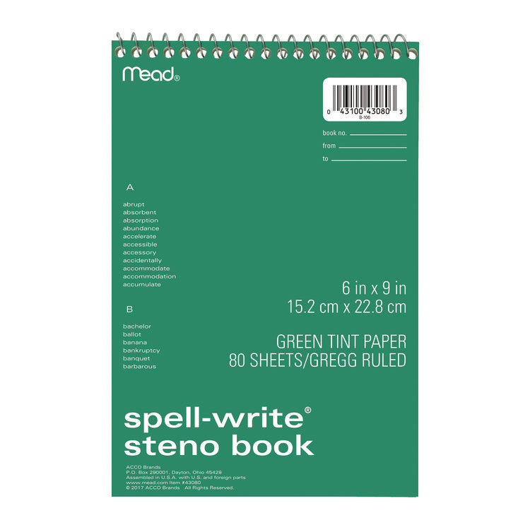 Spell-Write Wirebound Steno Pad, Gregg Rule, Randomly Assorted Cover Colors, 80 Green 6 x 9 Sheets