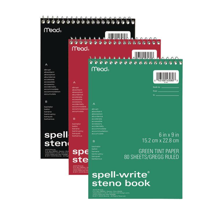 Spell-Write Wirebound Steno Pad, Gregg Rule, Randomly Assorted Cover Colors, 80 Green 6 x 9 Sheets