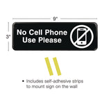 No Cell Phone Use Please Indoor/Outdoor Wall Sign, 9 x 3, Black Face, White Graphics, 3/Pack