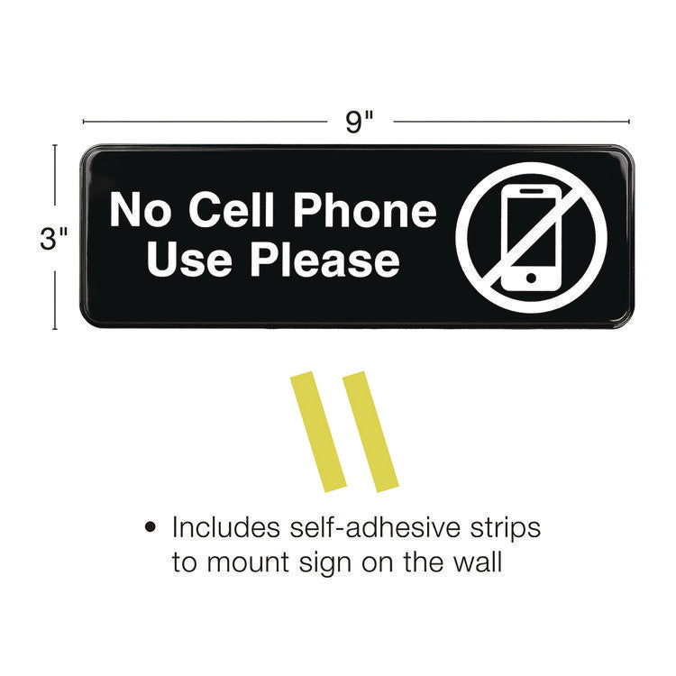 No Cell Phone Use Please Indoor/Outdoor Wall Sign, 9 x 3, Black Face, White Graphics, 3/Pack