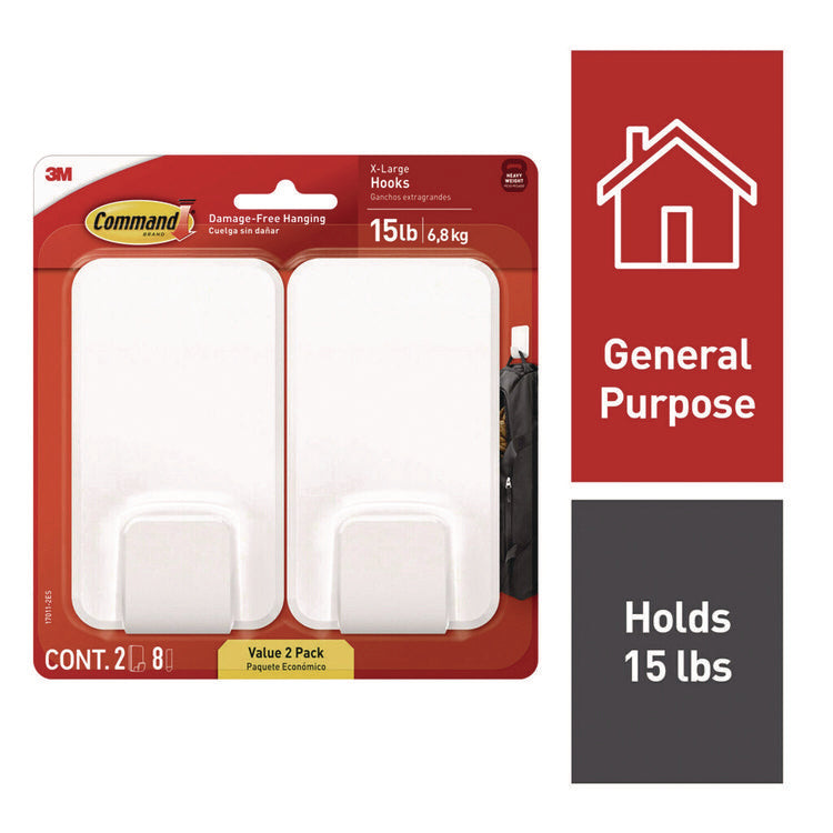 X-large Utility Hooks, Plastic, White, 15 lb Capacity, 2 Hooks and 8 Strips/Pack