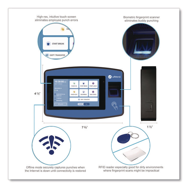 Biometric Fingerprint Touch Tablet Time Clock System, Unlimited Employees, Black/Blue