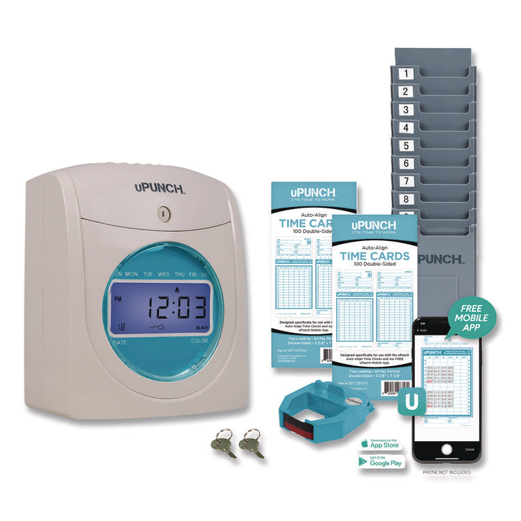 Digital Auto-Align Punch Time Clock Bundle, White