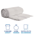 Drawstring Kitchen Bags, Drawstring, 13 gal, 24" x 28", White, 50 Bags/Roll, 2 Rolls/Carton