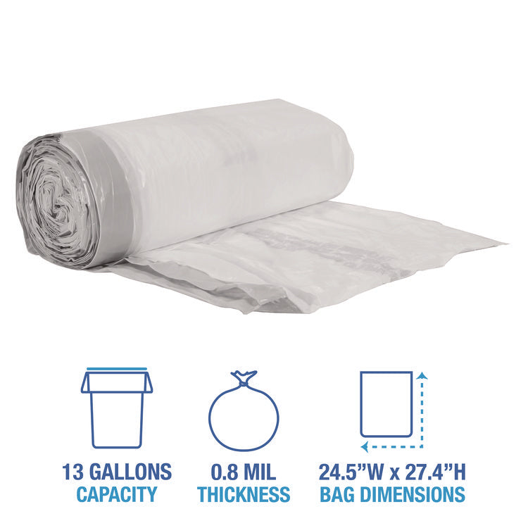 Drawstring Kitchen Bags, Drawstring, 13 gal, 24" x 28", White, 50 Bags/Roll, 2 Rolls/Carton