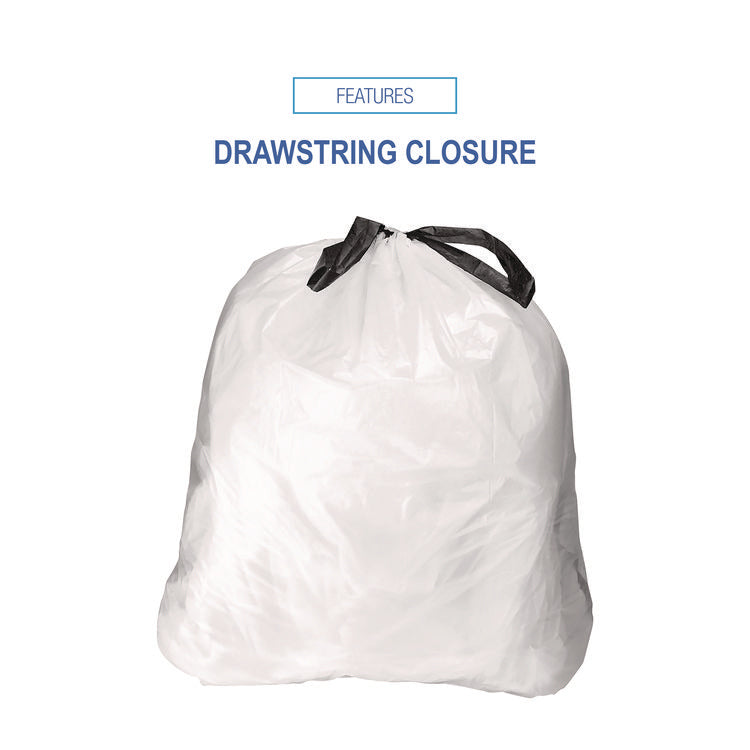 Drawstring Kitchen Bags, Drawstring, 13 gal, 24" x 28", White, 50 Bags/Roll, 2 Rolls/Carton