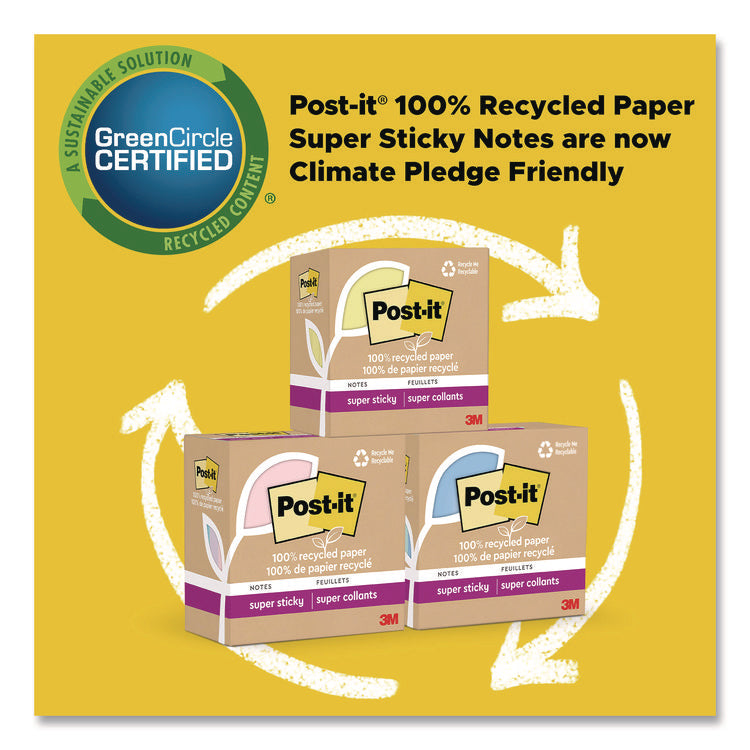 100% Recycled Paper Super Sticky Notes, 3" x 3", Oasis, 70 Sheets/Pad, 24 Pads/Pack
