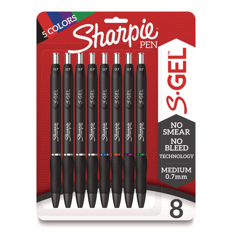 S-Gel High-Performance Gel Pen, Retractable, Medium 0.7 mm, Assorted Ink Colors, Black Barrel, 8/Pack
