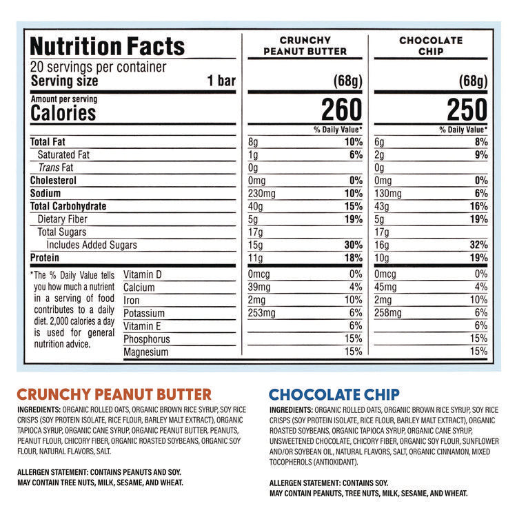 Energy Bar, Chocolate Chip/Crunchy Peanut Butter, 2.4 oz, 20/Box