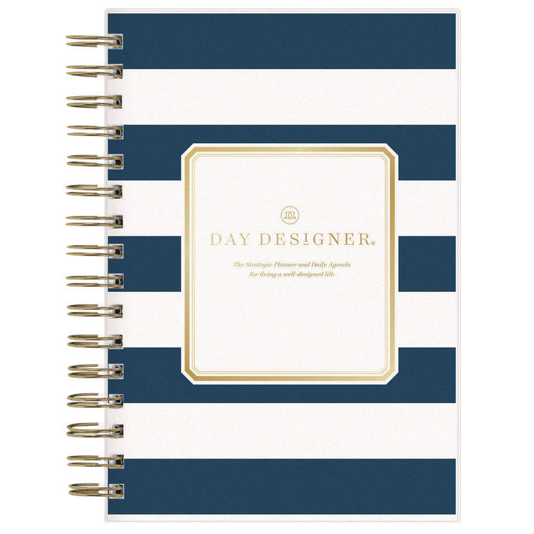 Day Designer Navy Stripe Daily/Monthly Planner, Horizontal Stripe Artwork, 8 x 5, Navy/White Cover, 12-Month (Jan-Dec): 2025