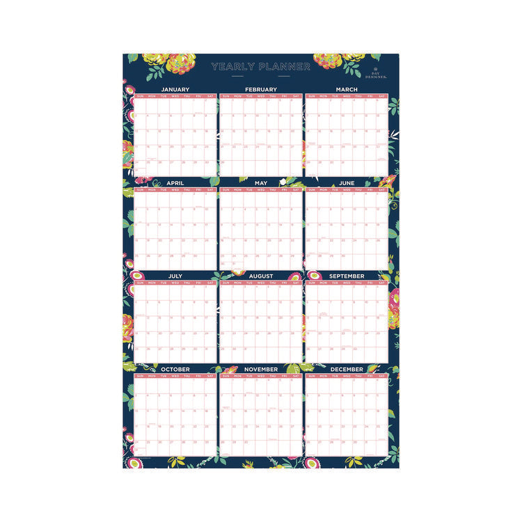Day Designer Peyton Laminated Erasable Wall Calendar, Floral Artwork, 36 x 24, White/Navy Sheets, 12-Month (Jan to Dec): 2025
