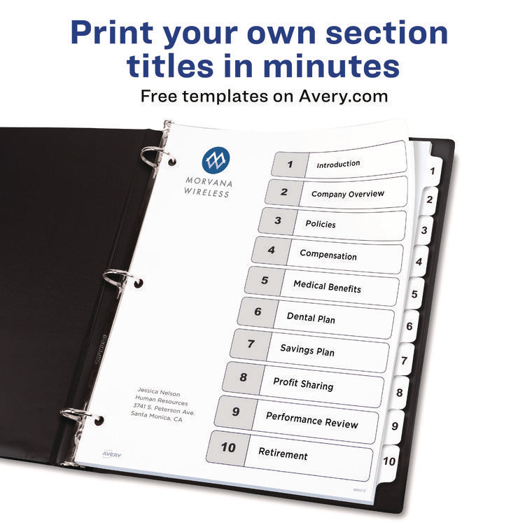 customizable table of contents ready index black and white dividers, 10-tab, 1 to 10, 11 x 8.5, white, 6 sets