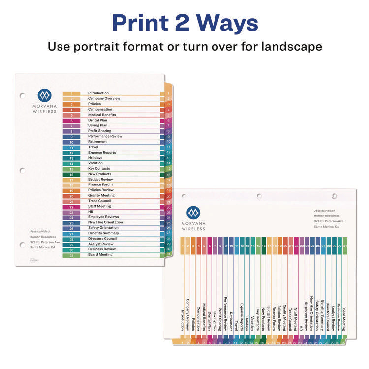 customizable table of contents ready index multicolor dividers, 31-tab, 1 to 31, 11 x 8.5, white, 6 sets