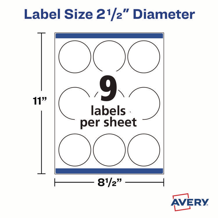 Laser/Inkjet Media Labels, Inkjet/Laser Printers, 2.5" dia, Matte White, 9 Labels/Sheet, 25 Sheets/Pack