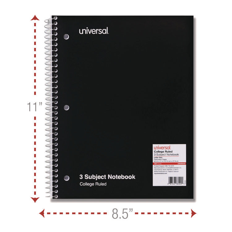 Wirebound Notebook, 3-Subject, Medium/College Rule, Black Cover, (120) 11 x 8.5 Sheets