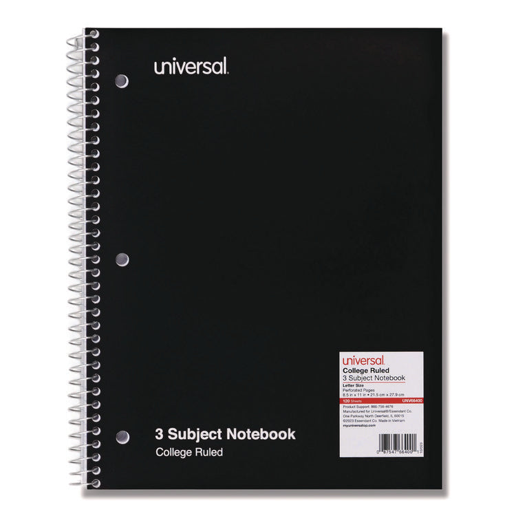 Wirebound Notebook, 3-Subject, Medium/College Rule, Black Cover, (120) 11 x 8.5 Sheets