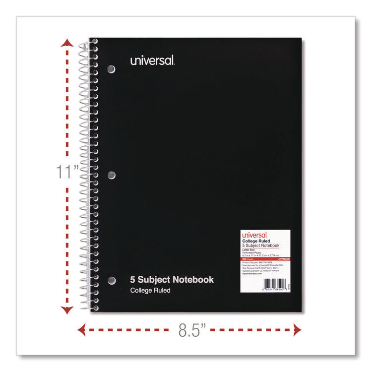 Wirebound Notebook, 5-Subject, Medium/College Rule, Black Cover, (200) 11 x 8.5 Sheets
