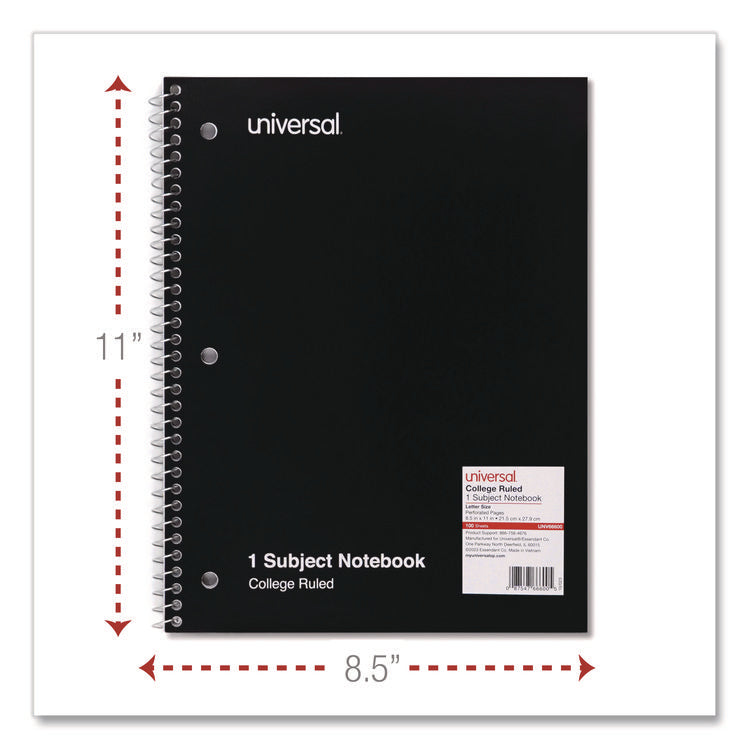 Wirebound Notebook, 1-Subject, Medium/College Rule, Black Cover, (100) 11 x 8.5 Sheets