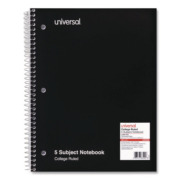 Wirebound Notebook, 5-Subject, Medium/College Rule, Black Cover, (200) 11 x 8.5 Sheets