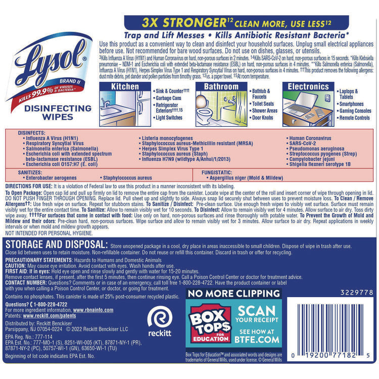 Disinfecting Wipes, 1-Ply, 7 x 7.25, Lemon and Lime Blossom, White, 80 Wipes/Canister, 6 Canisters/Carton