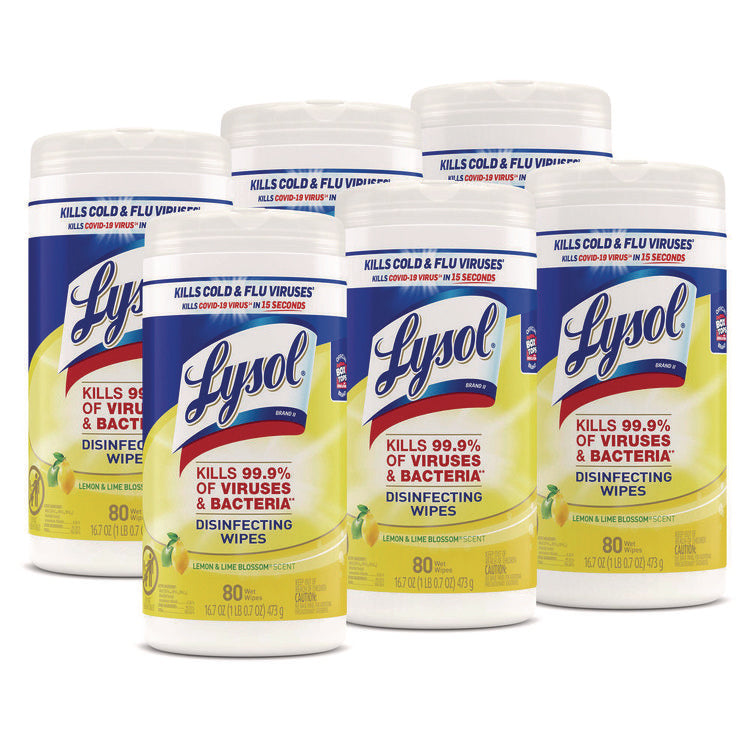 Disinfecting Wipes, 1-Ply, 7 x 7.25, Lemon and Lime Blossom, White, 80 Wipes/Canister, 6 Canisters/Carton