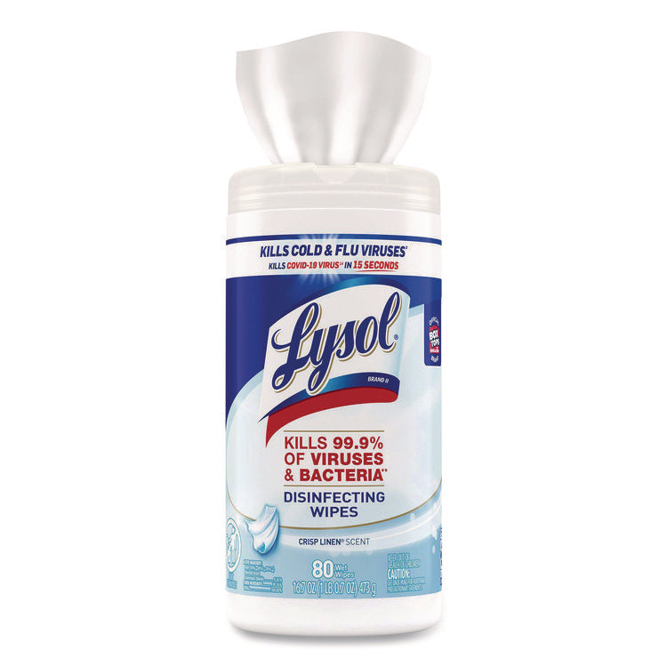 Disinfecting Wipes, 1-Ply, 7 x 7.25, Crisp Linen, White, 80 Wipes/Canister