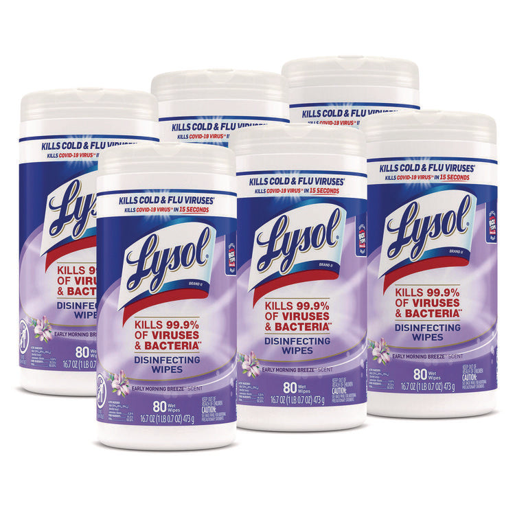 Disinfecting Wipes, 1-Ply, 7 x 7.25, Early Morning Breeze, White, 80 Wipes/Canister, 6 Canisters/Carton