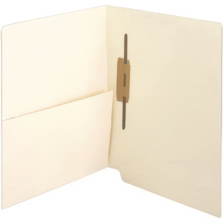Slash Pocket End Tab Fastener Folders, Spine-Oriented Fastener, 1 Fastener, Letter Size, Manila Exterior, 50/Box