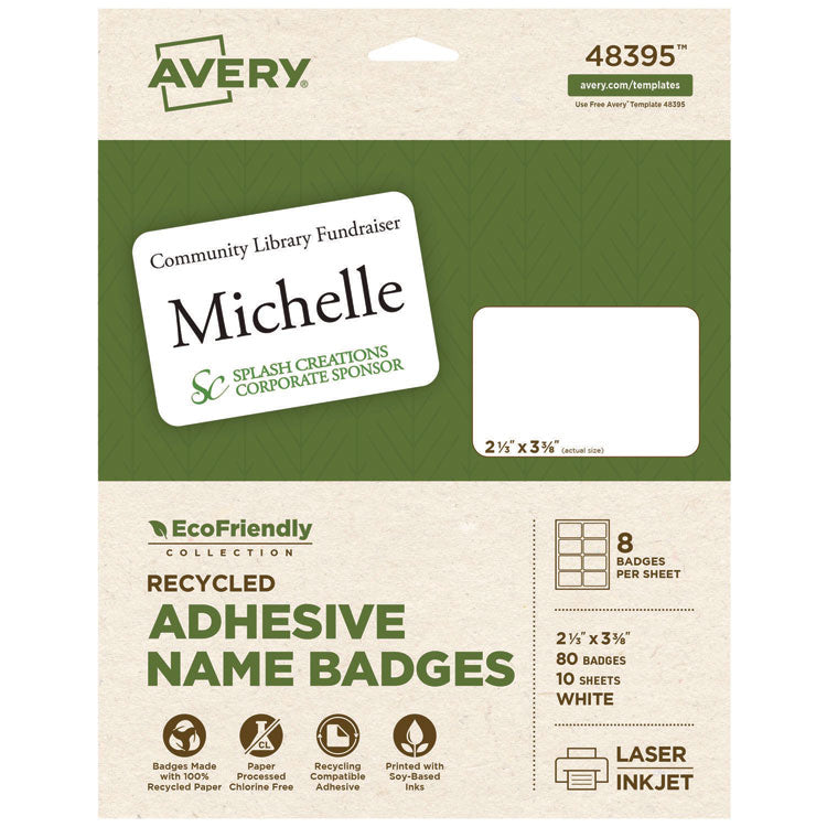 Ecofriendly Adhesive Name Badge Labels, 3.38 X 2.33, White, 80/pack