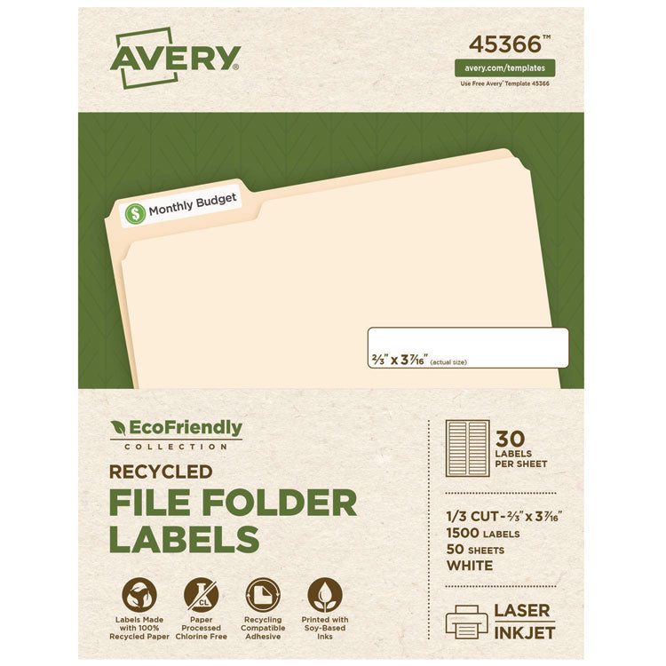 Ecofriendly Permanent File Folder Labels, 0.66 X 3.44, White, 30/sheet, 50 Sheets/pack