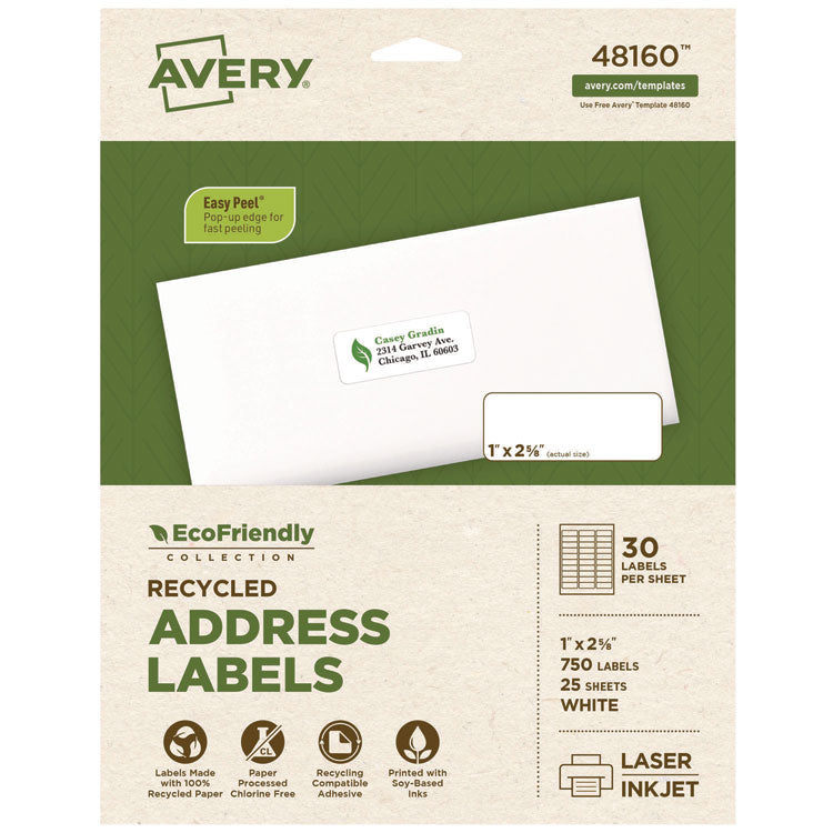 Ecofriendly Mailing Labels, Inkjet/laser Printers, 1 X 2.63, White, 30/sheet, 25 Sheets/pack