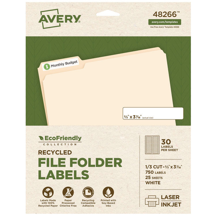 Ecofriendly Permanent File Folder Labels, 0.66 X 3.44, White, 30/sheet, 25 Sheets/pack
