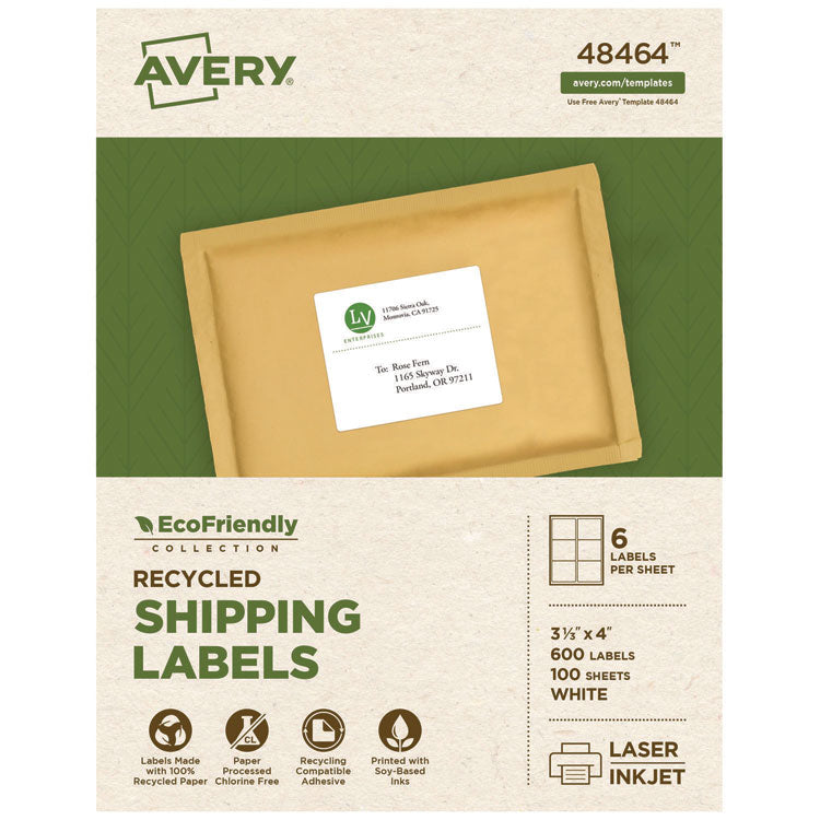 Ecofriendly Mailing Labels, Inkjet/laser Printers, 3.33 X 4, White, 6/sheet, 100 Sheets/pack