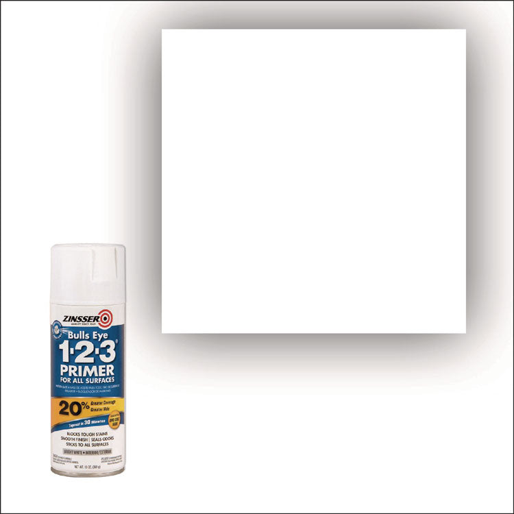 Bulls Eye 1-2-3 Primer Spray, Interior/Exterior, Flat White, 13 oz Aerosol Can, 6/Carton