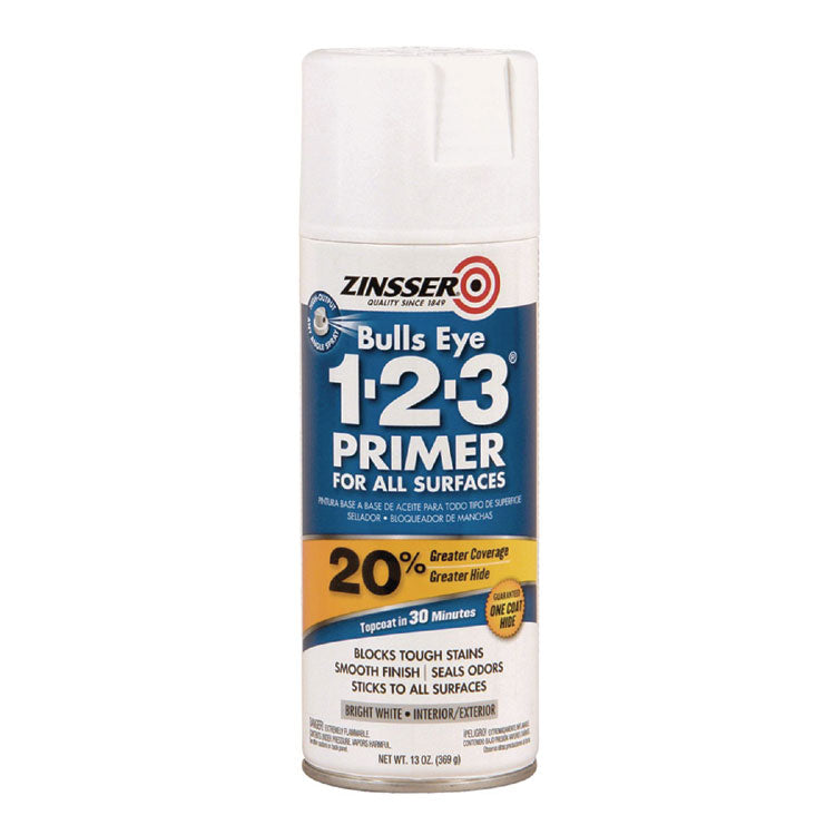 Bulls Eye 1-2-3 Primer Spray, Interior/Exterior, Flat White, 13 oz Aerosol Can, 6/Carton