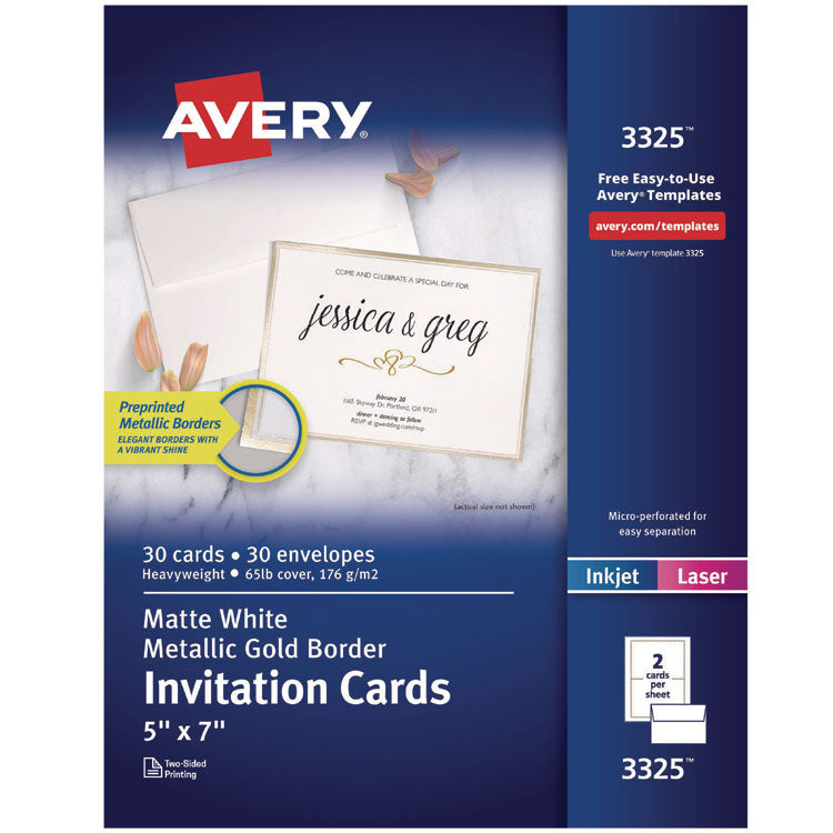 Invitation Cards with Metallic Border, Inkjet/Laser, 80 lb, 5 x 7, Matte White, 2 Cards/Sheet, 15 Sheets/Pack