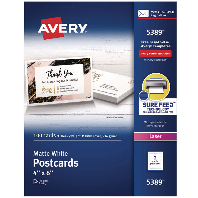 Printable Postcards, Laser, 80 lb, 4 x 6, Matte White, 100 Cards, 2/Cards/Sheet, 50 Sheets/Box