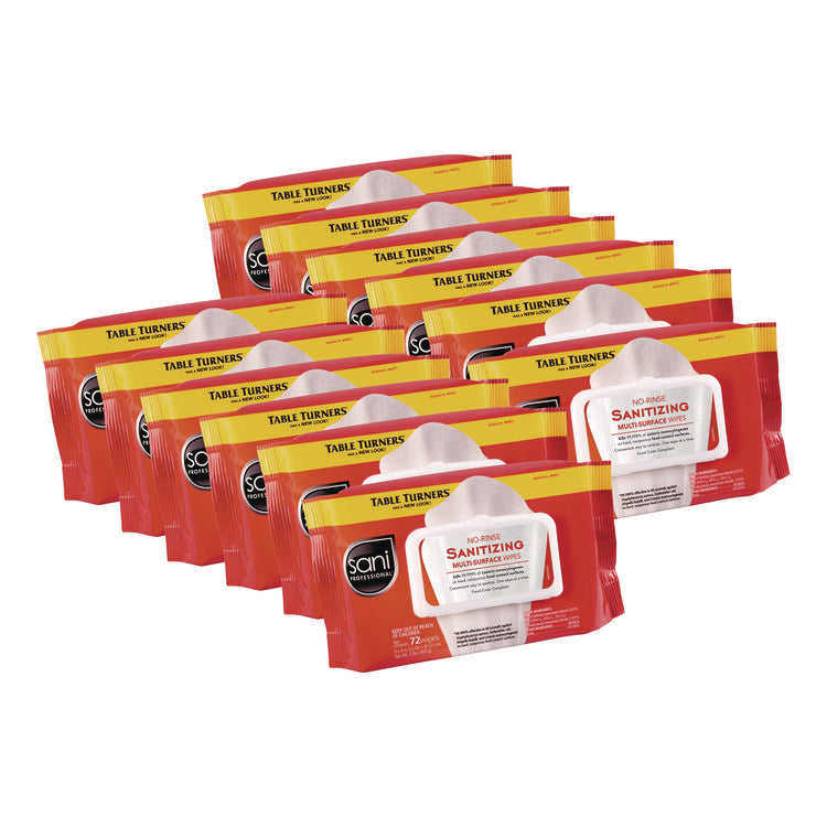 No-Rinse Sanitizing Multi-Surface Wipes, 1-Ply, 8 x 9, Unscented, White, 72 Wipes/Pack, 12 Packs/Carton
