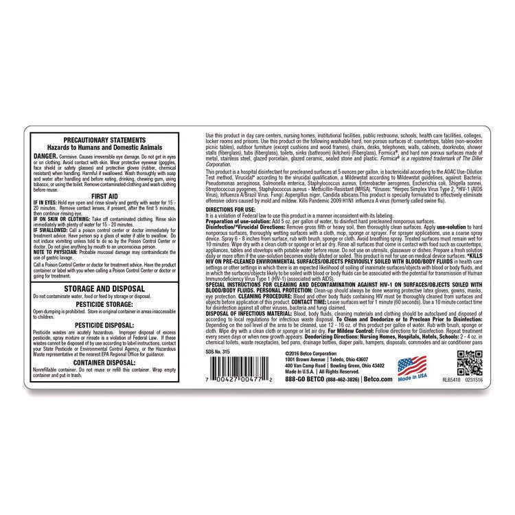 AF315 Disinfectant Cleaner, Citrus Floral Scent, 1 gal Bottle, 4/Carton