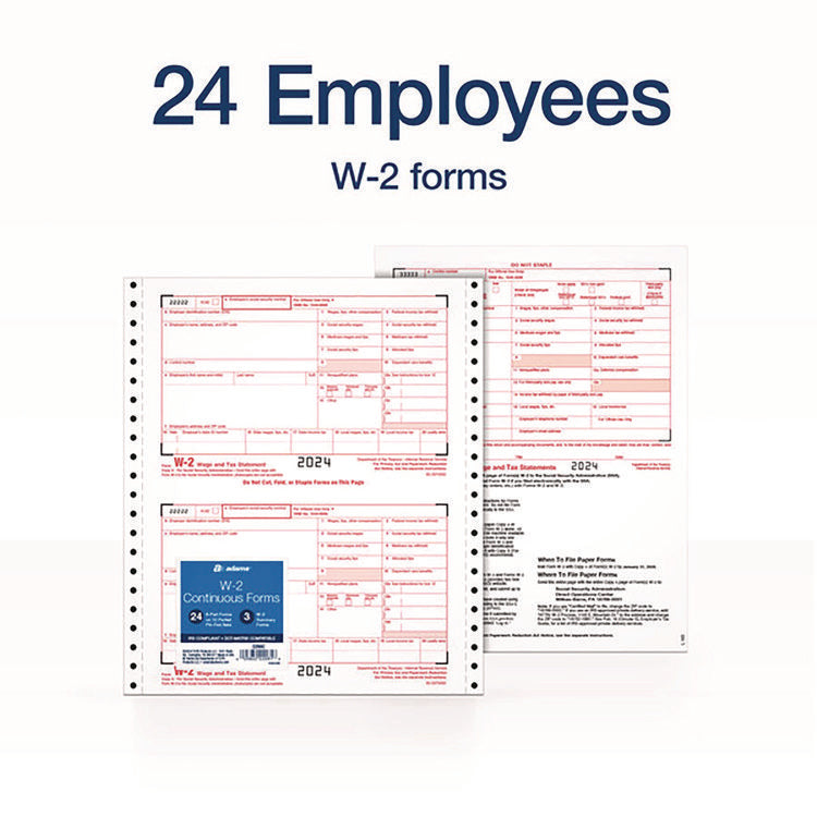 4-Part W-2 Continuous Feed Tax Forms, Fiscal Year: 2024, Four-Part Carbonless, 5.5 x 8.5, 2 Forms/Sheet, 24 Forms Total