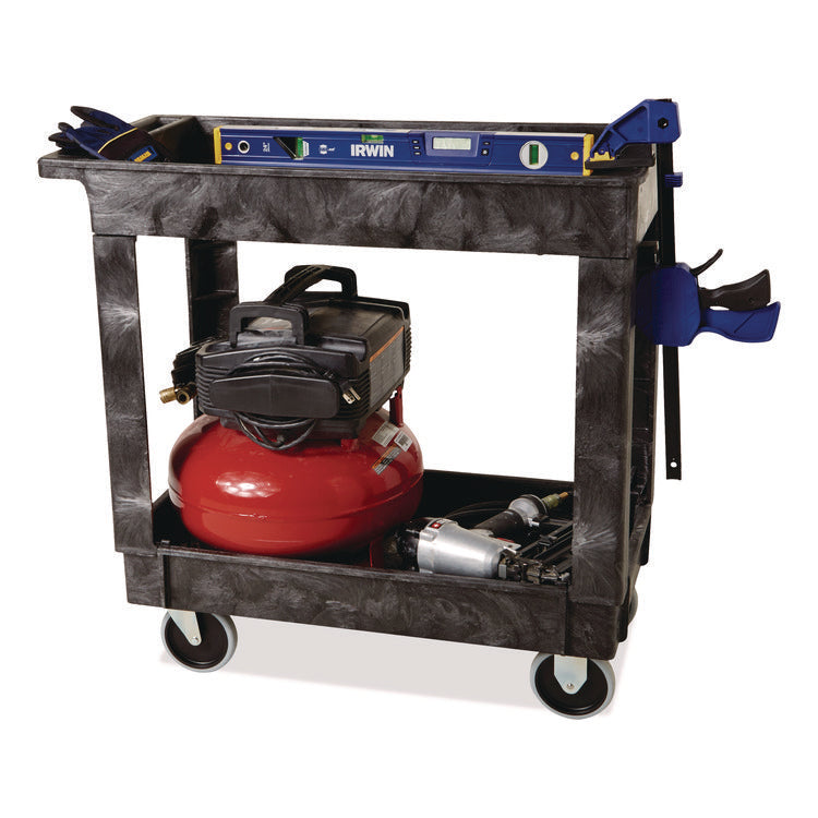 Heavy-Duty Flat-Handle Maintenance/Utility Cart, Plastic, 2 Shelves, 500 lb Capacity, 34.13" x 17.38" x 32.38", Black