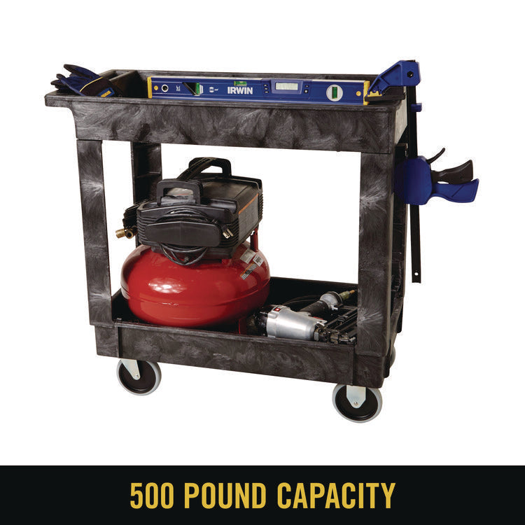 Heavy-Duty Flat-Handle Maintenance/Utility Cart, Plastic, 2 Shelves, 500 lb Capacity, 34.13" x 17.38" x 32.38", Black