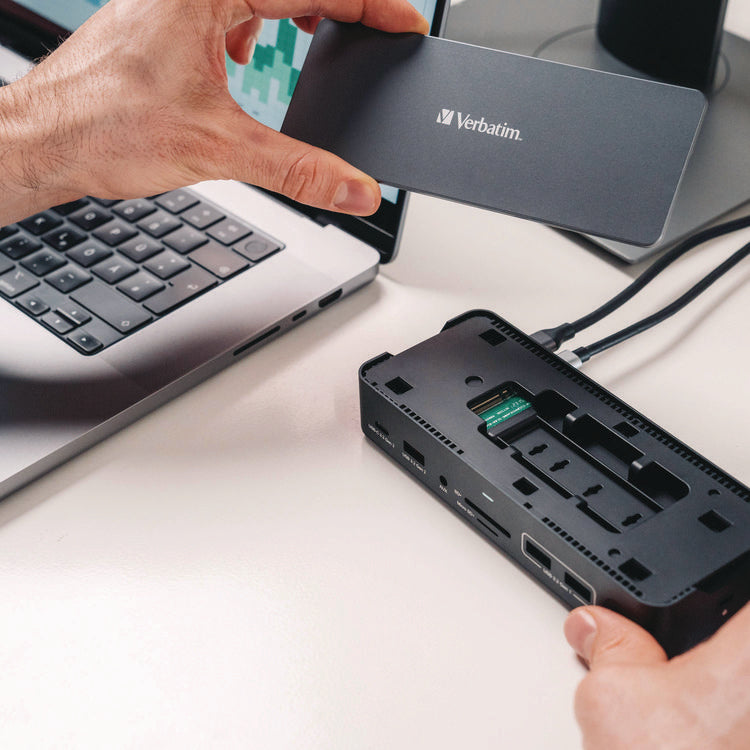 USB-C Pro Docking Station 15-in-1 SSD Enclosure, Audio/DisplayPort/HDMI/Micro SD/NVMe/RJ45/SD/USB-A/USB-C/SATA, Gray