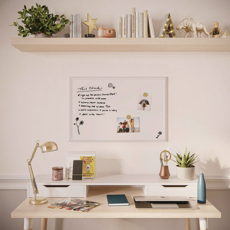 Magnetic Dry Erase Board with Decor Frame, 30" x 20", White Surface, White Wood Frame
