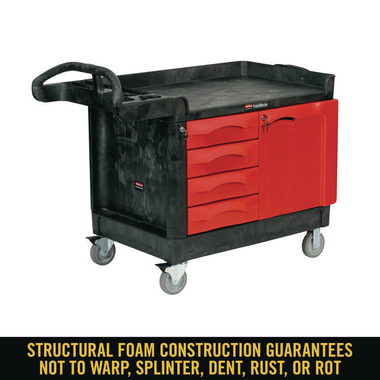TradeMaster Cart with One Door, Plastic, 3 Shelves, 4 Drawers, 750 lb Capacity, 26.25" x 49" x 38", Black