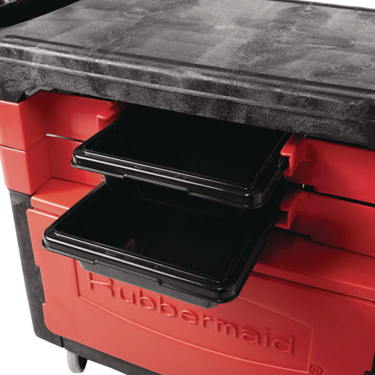 Trades Cart with Locking Storage Area, Plastic, 2 Shelves, 2 Drawers, 330 lb Capacity, 19.25" x 38" x 33.38", Black