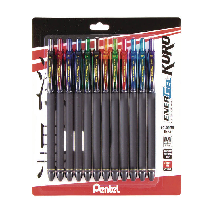 EnerGel Kuro Gel Pen, Retractable, Medium 0.7 mm, Assorted Ink Colors, Black Barrel, 12/Pack