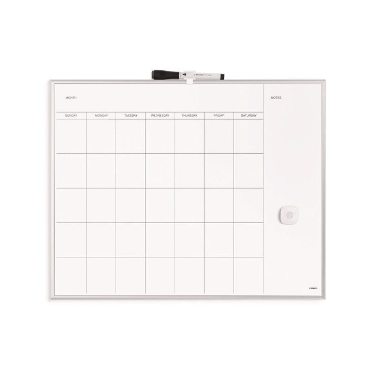 Magnetic Dry Erase Board, Monthly Planning/Scheduling Calendar, 20" x 16", White Surface, Satin Aluminum Frame
