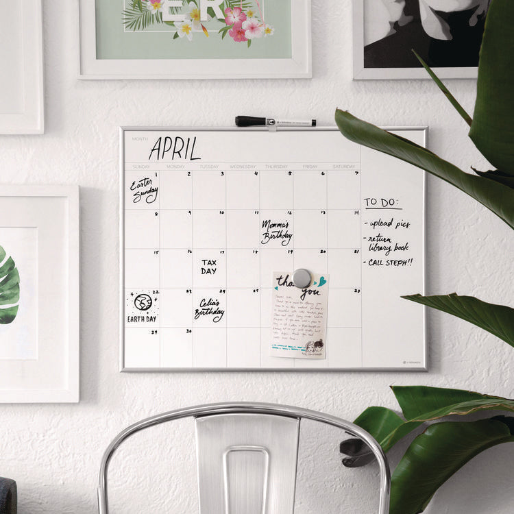 Magnetic Dry Erase Board, Monthly Planning/Scheduling Calendar, 20" x 16", White Surface, Satin Aluminum Frame